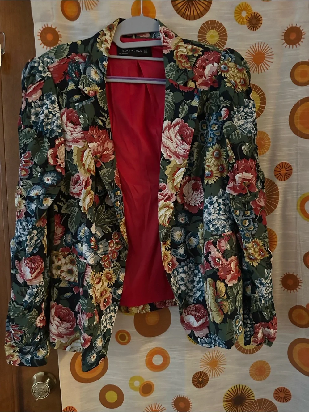 Zara Floral Blazer Jacket in Black with Red Lining